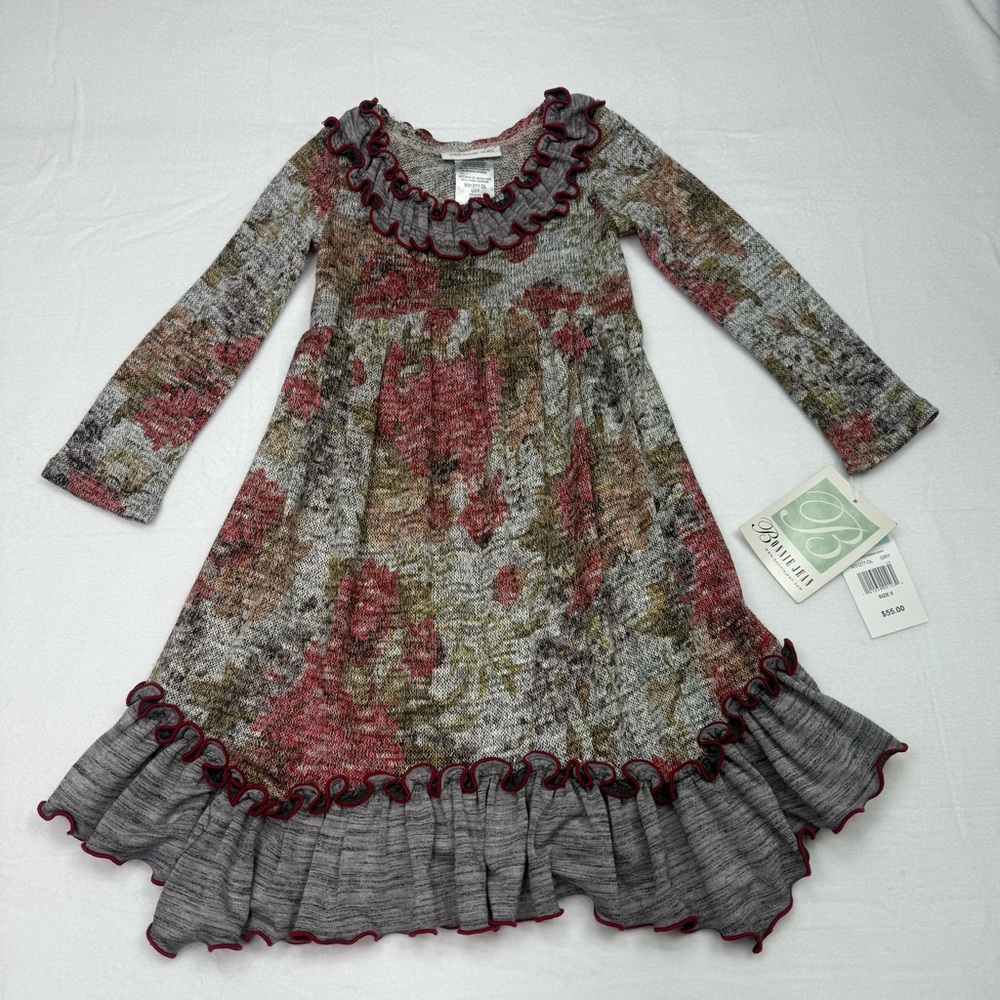 Bonnie Jean Gray and Maroon Floral Kids Dress Size 5 NWT